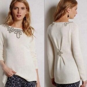 Anthropologie Angel of the North Bobine Tunic Sweater Medium Cream Embroidered